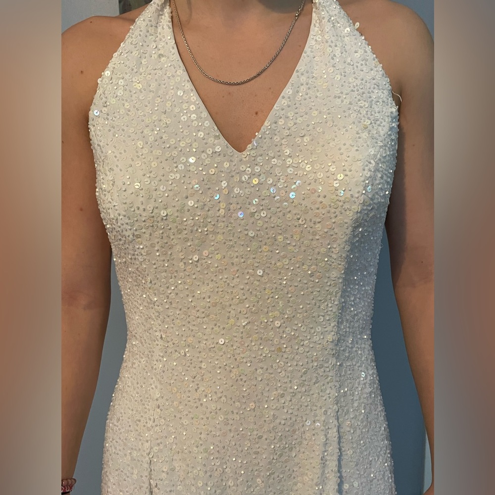 Alfred Angelo white iridescent prom or informal wedding gown with train